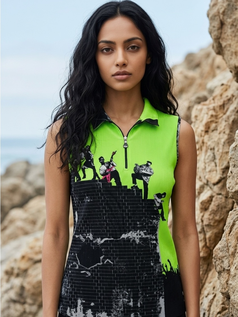 jamie sadock Golf Crinkled Graphic Musicians Neon Green  Sleeveless Zip
 Tank-L-